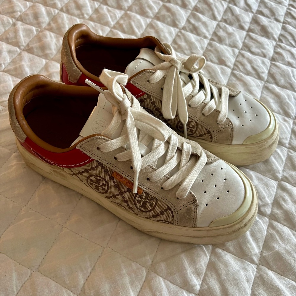 Tory Burch White and Red Lace-Up Sneakers size 7